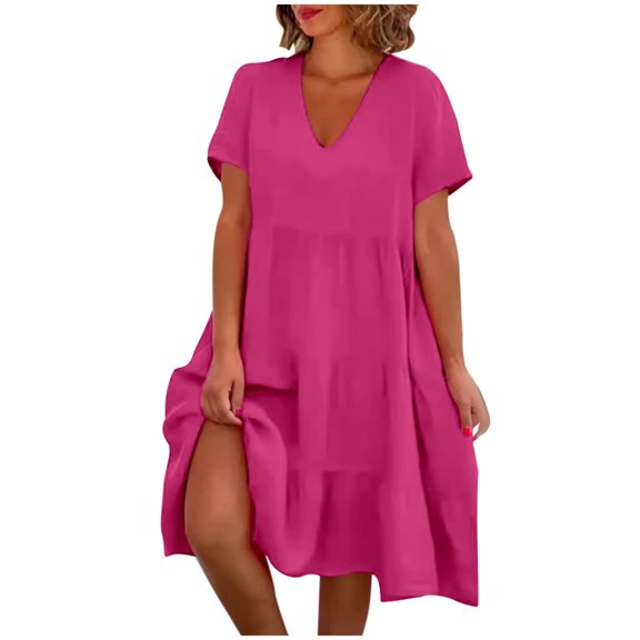 Women's Summer Linen Dress Casual Flowy A-Line Tiered Swing Beach Knee Length Tshirt Flutter Loose Comfortable Outfit