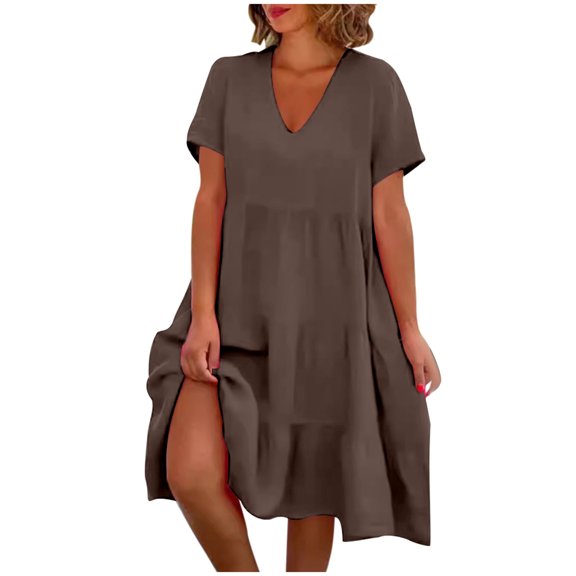 Women's Summer Linen Dress Casual Flowy A-Line Tiered Swing Beach Knee Length Tshirt Flutter Loose Comfortable Outfit