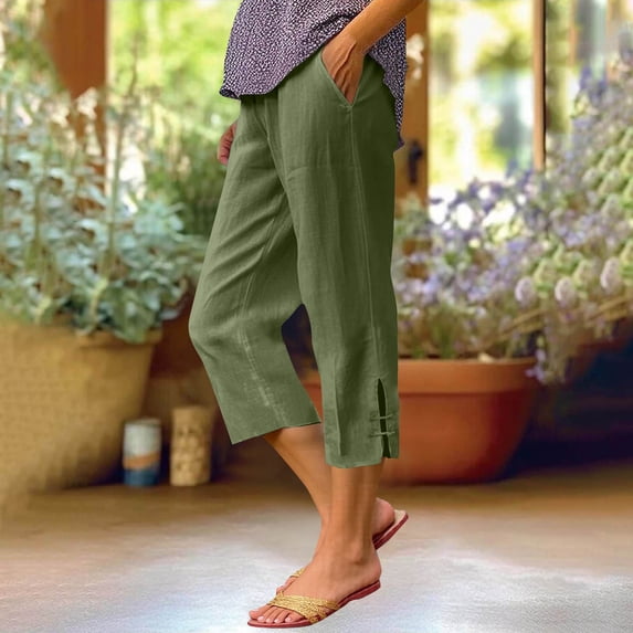 Women's Summer Linen-Look Capris with Elastic Waist and Pockets