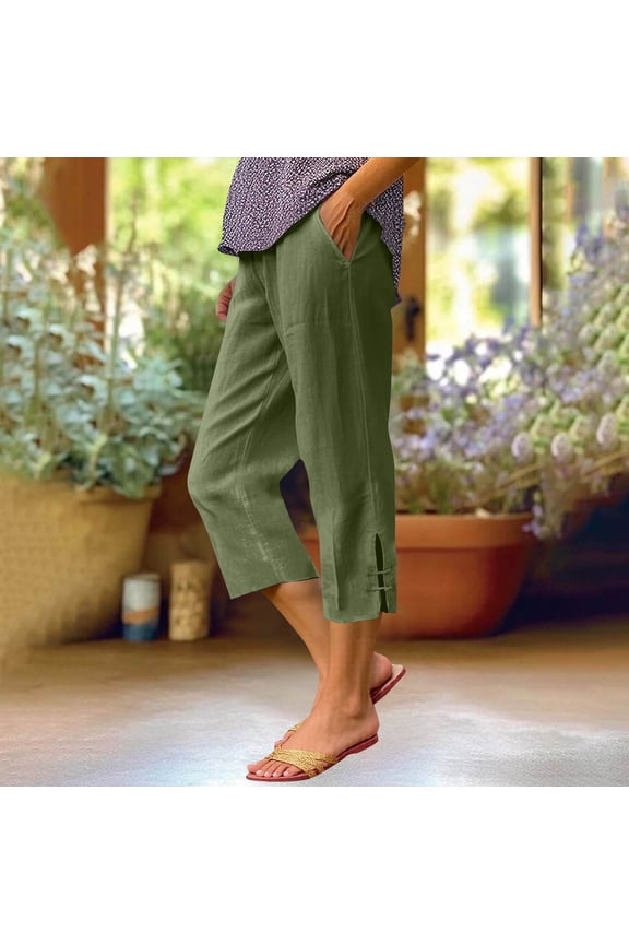 Women's Summer Linen-Look Capris with Elastic Waist and Pockets