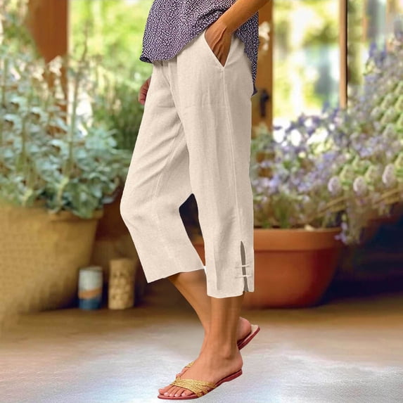 Women's Summer Linen-Look Capris with Elastic Waist and Pockets