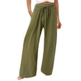 thumbnail image 1 of Women's Summer Linen Pants Comfy Solid Color Wide Leg Stretchy Drawstring Flowy Lightweight Trousers with Pockets(Army Green,L), 1 of 5