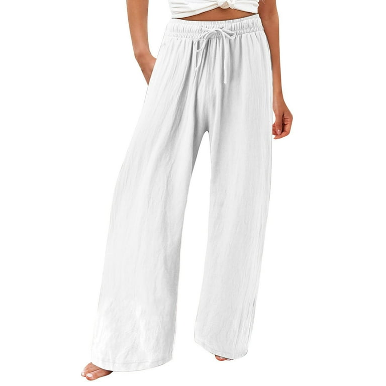 Women's Summer Linen Pants Comfy Solid Color Wide Leg