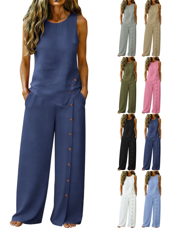 Women's Summer Linen Set Casual Sleeveless Round Neck Top Plus Wide Leg Pants Set Two Piece Set
