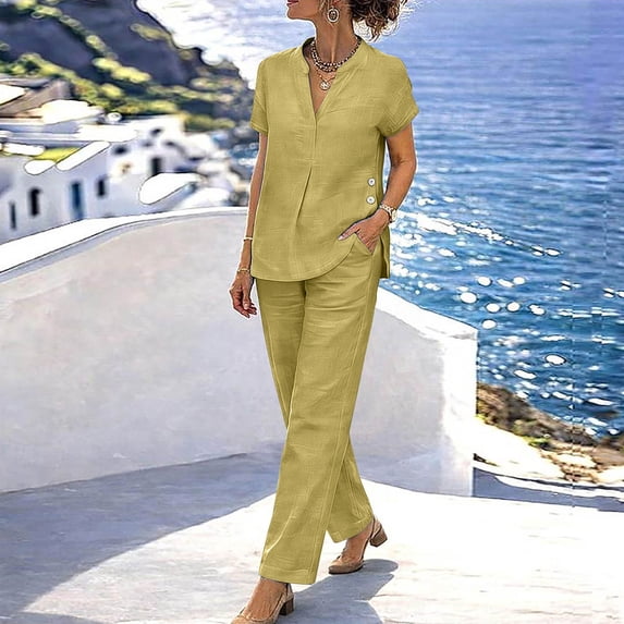 Women's Summer Linen Set Casual V Neck Top Plus Pants Set Two Piece Set
