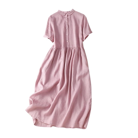Women's Summer Linen Shirt Dress Classic Mid Long Sleeve Solid Floral Flowy Long Dresses Button Down Side Tie Dresses