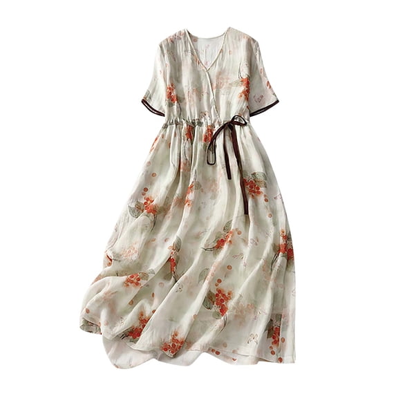 Women's Summer Linen Shirt Dress Classic Mid Long Sleeve Solid Floral Flowy Long Dresses Button Down Side Tie Dresses