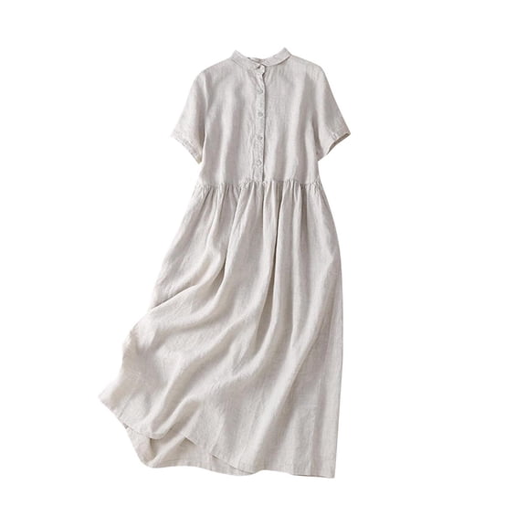 Women's Summer Linen Shirt Dress Classic Mid Long Sleeve Solid Floral Flowy Long Dresses Button Down Side Tie Dresses