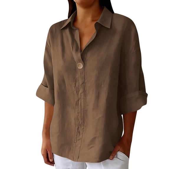 Women’s Summer Linen Shirts Button down Lapel Neck 3/4 Sleeve T-Shirt Casual Loose Basic Solid Tops ,Brown,L