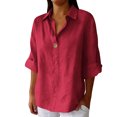 thumbnail image 1 of Women’s Summer Linen Shirts Button down Lapel Neck 3/4 Sleeve T-Shirt Casual Loose Basic Solid Tops ,Red,L, 1 of 5