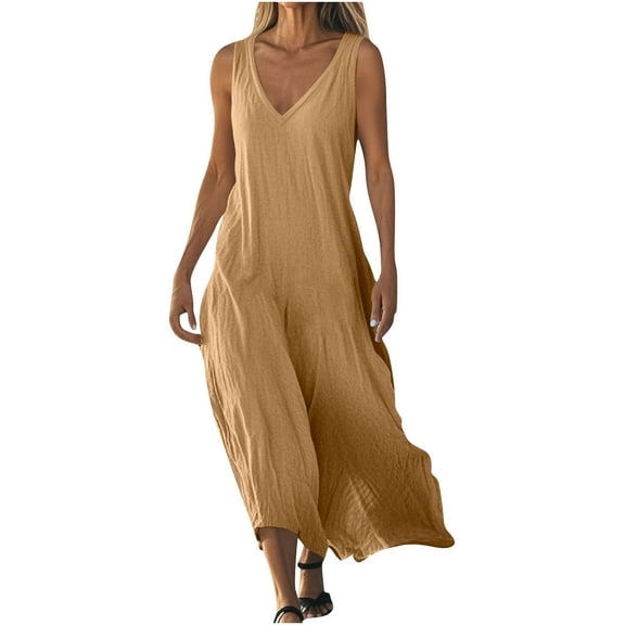 Women's Summer Linen Sleeveless V Neck Midi Maxi Dress Casual Pleated Tiered Flowy Beach Vacation Long Dresses Sundress
