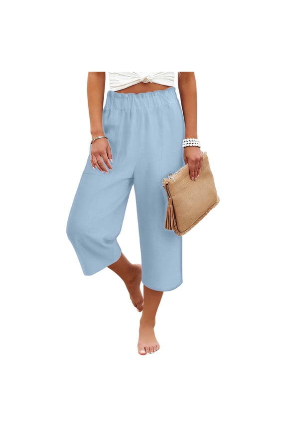 Women's Summer Linen Solid Color Loose Straight Leg Capris With Pockets Ruffles And Elastic Waistband Five-Inch Length Casual Wide Leg Capri Cropped Capris for Women