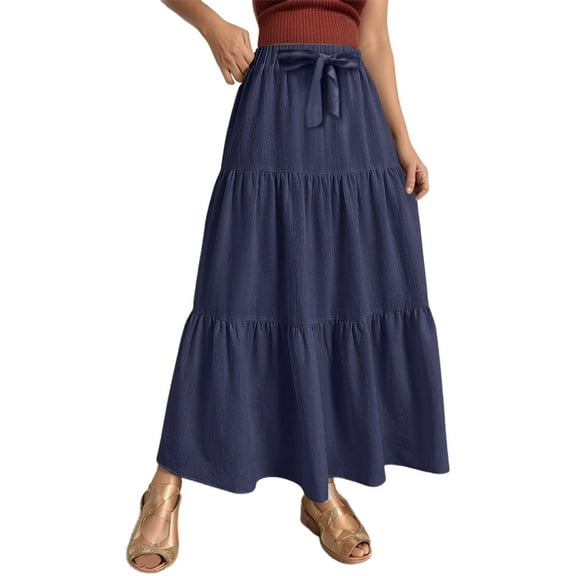 Women's Summer Linen Solid Color Sexy A Line Wrap Skirt With Drawstring Flowy Boho Ruffle High Waist Beach Long Skirt