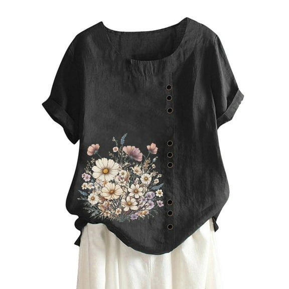 Women's Summer Linen T-Shirt Comfortable Round Neck Short Sleeve Floral Button Detail Casual Top