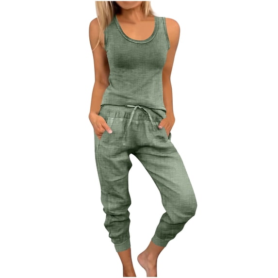 Women's Summer Linen Two Piece Outfits Sleeveless Tank and Drawstring Cropped Pants Sets Casual Soft Set with Pocket
