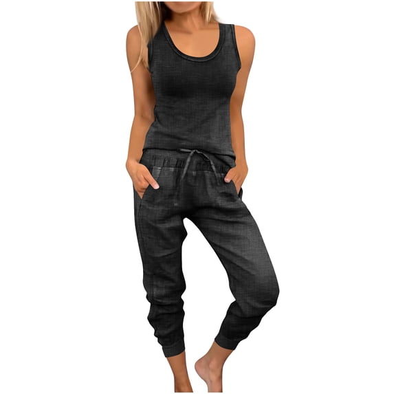 Women's Summer Linen Two Piece Outfits Sleeveless Tank and Drawstring Cropped Pants Sets Casual Soft Set with Pocket
