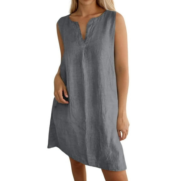 Women's Summer Linen V Neck Midi Dress Short Sleeve, Loose, A Line, for Multiple Occasions, Multiple Sizes