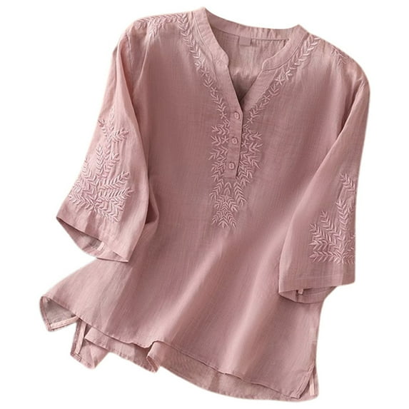 Women's Summer Linen V Neck Short Sleeve Top - Embroidered Solid Pullover