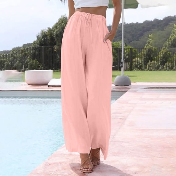 Women's Summer Linen Wide Leg Pants High Waist Elastic Drawstring Casual Loose Palazzo Trousers with Pockets All-match Long Pants Plus Size