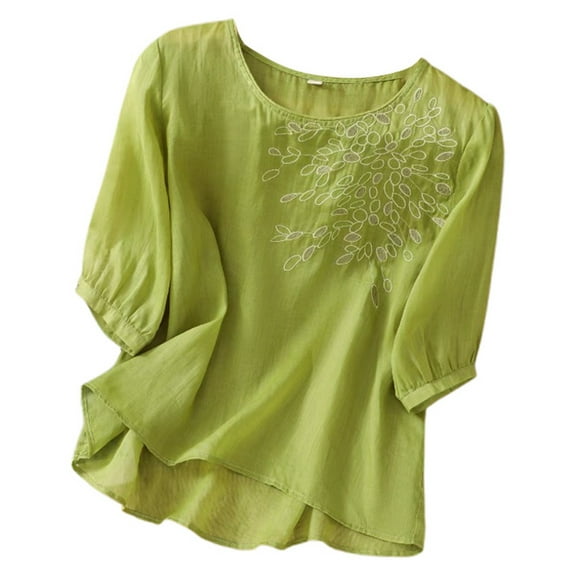 Women's Summer Literary Retro T-Shirt Loose Fit Embroidery Detail Slanted Placket Tea Shirt Comfortable Casual Top