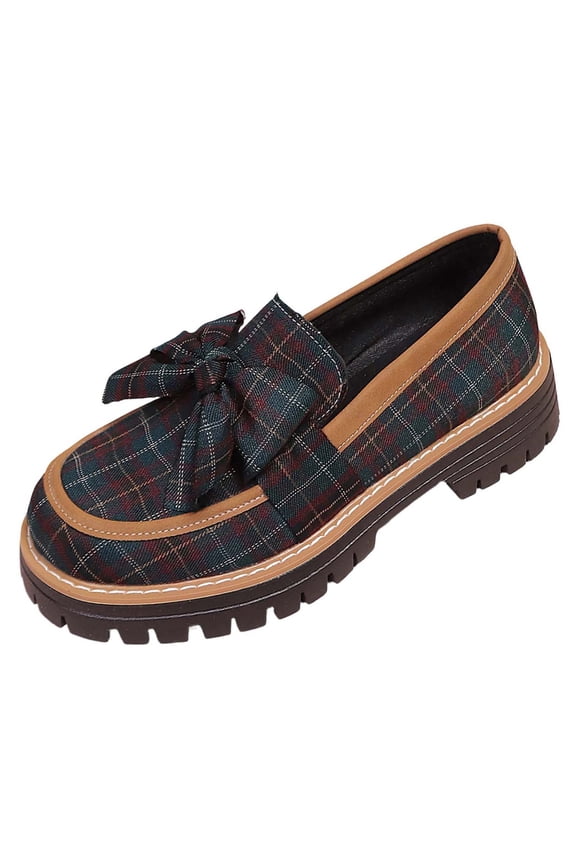 Women’s Summer Loafers Plus Size Slip On Chunky Heel Low Heel Plaid Bowknot British Style Niche Versatile Outdoor Trendy Light Blue 6