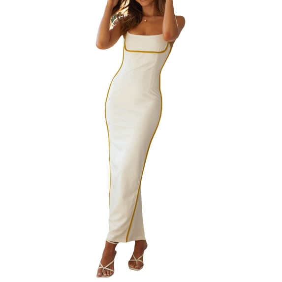Women's Summer Long Fitted Dress Sleeveless Contrast Color Split Hem Spaghetti Strap Dress