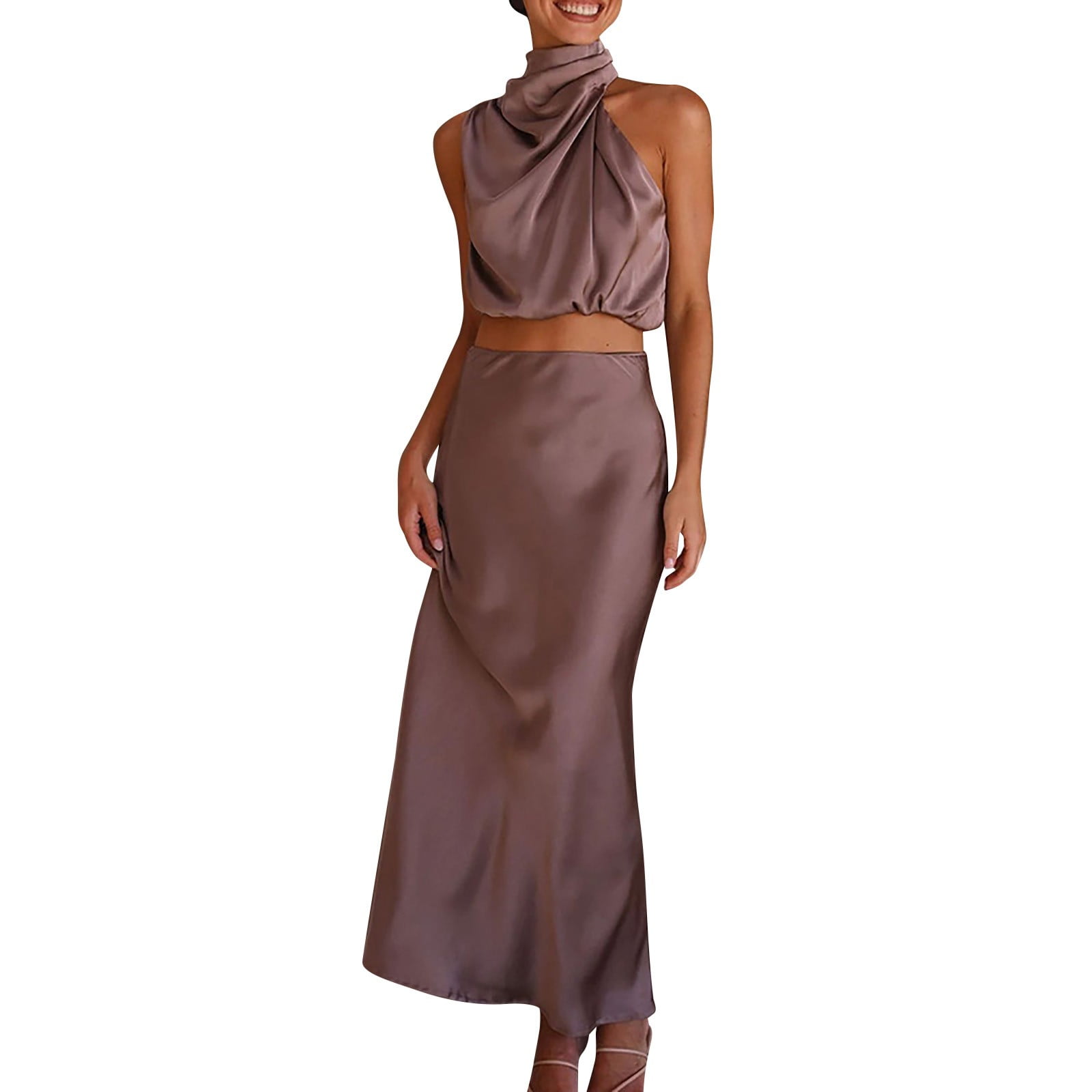 Womens Summer Long Formal Satin Dress Mock Neck Sleeveless Side Slit Flowy Maxi Tank Two Pieces