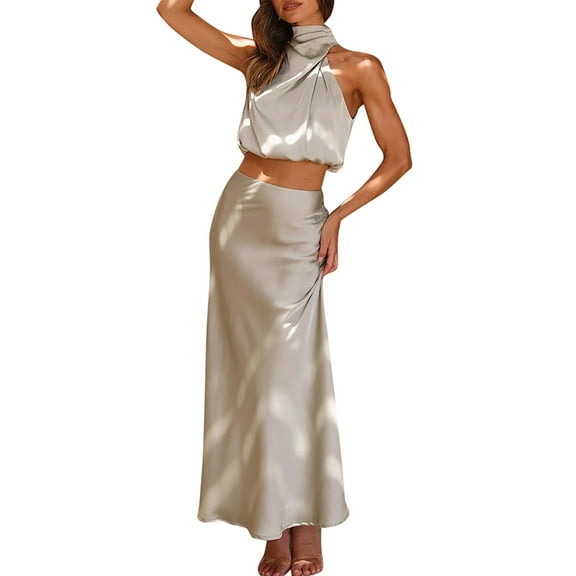 Women's Summer Long Formal Satin Dress Neck Sleeveless Side Slit Flowy Maxi Tank Two Top And Skirt Womens Business Suits Long Swimsuit Women with Skirt Ladies Long Skirt Suits Ladies Skirt Bathing