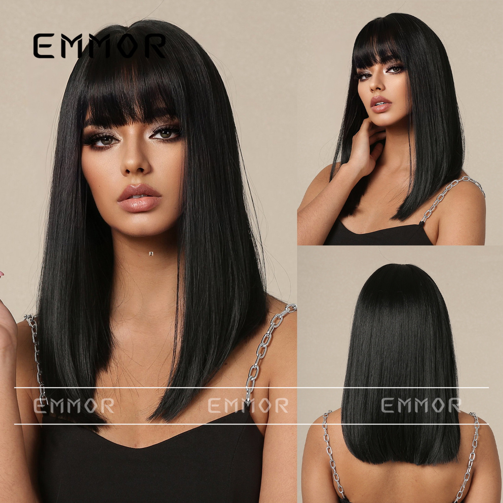Women's Summer Long Hair Wig Natural Full Head Wig Medium Long Straight Hair Fashion Air Bangs Black European and American Style Women's Wig