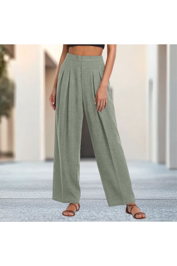 Women's Summer Long Pants Baeitkot Women's Summer Fashion Solid Color Like Linen Pleated Straight Loose Casual Long Pants Mint Green XXL