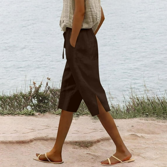 Women's Summer Long Solid Color Cotton Linen Straight Leg Slit Pants, Brown S-3XL