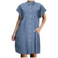 thumbnail image 1 of Women's Summer Loose Casual Solid Color Mini Shirt Denim Dress Single Breasted Lapel Short Blouse Dress with Pockets, 1 of 7
