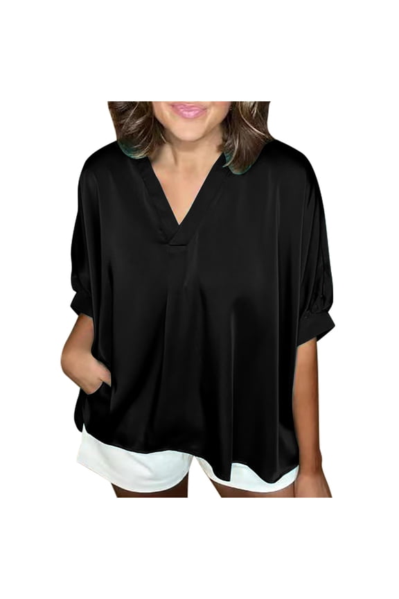 Women's Summer Loose Casual Solid V-Neck T-shirt Pullover Blouse, Comfortable Half Sleeve Top for Daily Wear, Relaxed Fit, Lightweight and Breathable, Available in Multiple Sizes and Colors