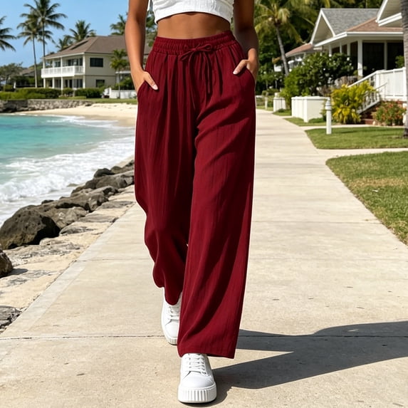 Women's Summer Loose Fit Casual Pants with Drawstring Waist and Pockets