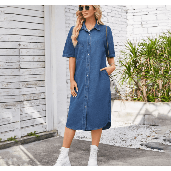 Women's Summer Loose Hand Pocket Midi Long Tunic Denim Shirt Dress