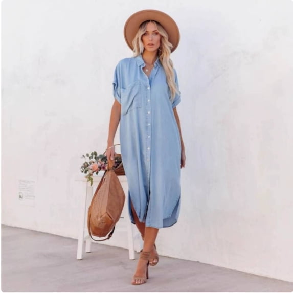 Women's Summer Loose Hand Pocket Midi Long Tunic Denim Shirt Dress