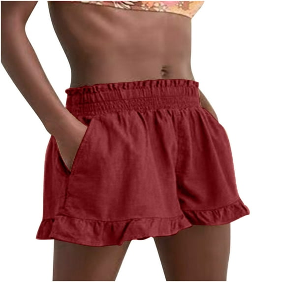 Women's Summer Loose Shorts Elastic Waisted Casual Solid Color Wide Leg Ruffle Beach Shorts for Women with Pockets