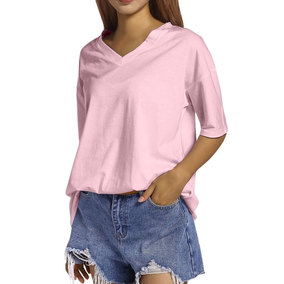 Women's Summer Loose Shoulder V Neck Fashion Solid Color Short Sleeve T Shirt Top Blouse