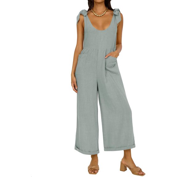Women's Summer Loose Sleeveless Jumpsuits Linen Adjustable Straps Oversized Wide Leg Long Overall Rompers with Pockets