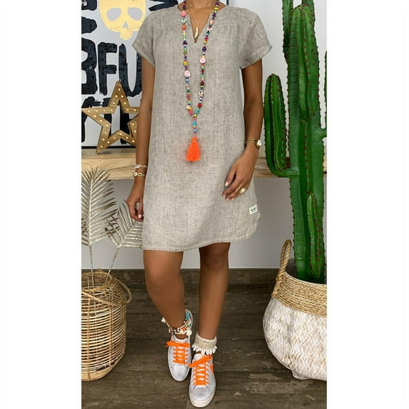 Women's Summer Loose Solid Color Short-sleeved V-neck Cotton and Linen Dress
