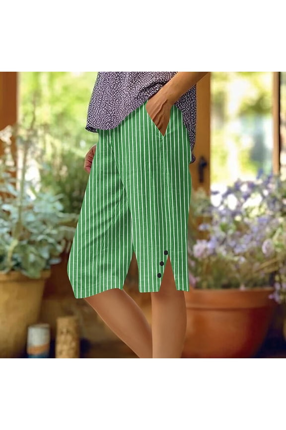 Women's Summer Loose Straight Leg Pants With Pockets Side Slit Buttons Five Quarter Pants Women's Clothing Wide Leg Pants Womens Casual Pants