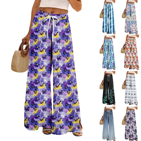 Women’s Summer Loose Wide Leg Floral Print Pants Elastic Waist Drawstring Trousers with Pockets for Casual Daily Wear Purple 2XL