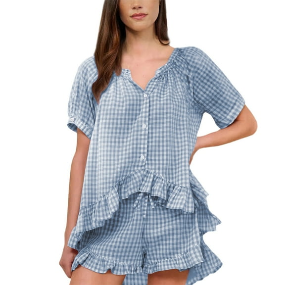 Women's Summer Loungewear, Chroia Checkered 2 Piece Pj Set Ruffled Short Sleeve Babydoll Shirt and Shorts