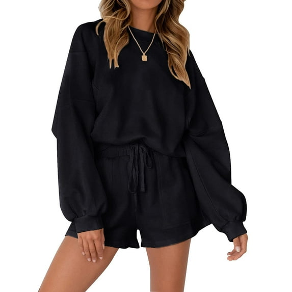 Women's Summer Loungewear Set, Solid Color Long Sleeve Round Neck Tops + Drawstring Shorts 2 Pieces Loose Sleepwear