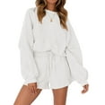 thumbnail image 1 of Women's Summer Loungewear Set, Solid Color Long Sleeve Round Neck Tops + Drawstring Shorts 2 Pieces Loose Sleepwear, 1 of 1