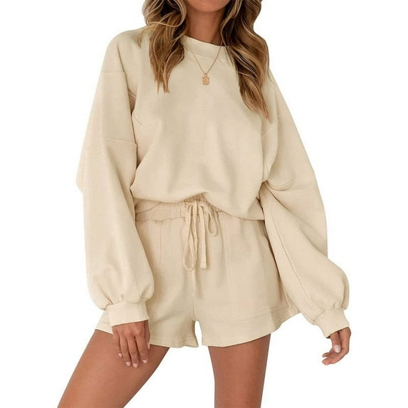 Women's Summer Loungewear Set, Solid Color Long Sleeve Round Neck Tops + Drawstring Shorts 2 Pieces Loose Sleepwear