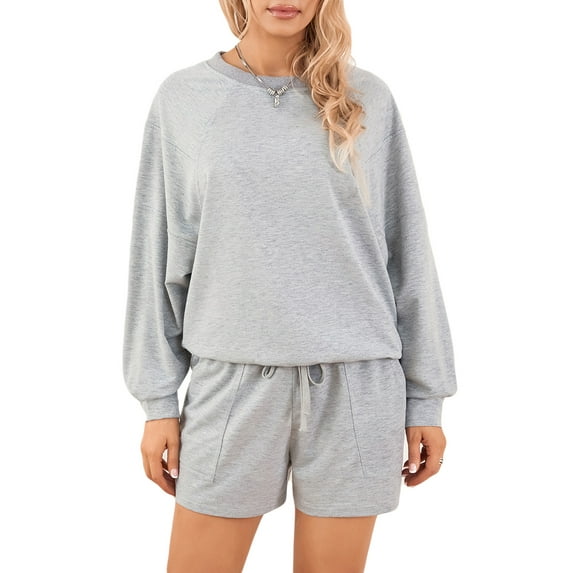 Women's Summer Loungewear Set, Solid Color Long Sleeve Round Neck Tops + Drawstring Shorts 2 Pieces Loose Sleepwear