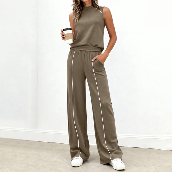 Women's Summer Matching Lounge Set Sleeveless High Neck Tank Top Flowy Wide Leg Pants for Daily Vacation Light Brown 2XL