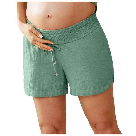 Women's Summer Maternity Shorts, Double Layered Pleats, Underbelly Drawstring, Elastic Waist and Pockets