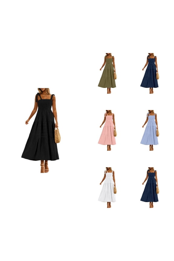 Women's Summer Maxi Dress 2026 Casual Boho Sleeveless Spaghetti Strap Smocked Tiered Long Beach